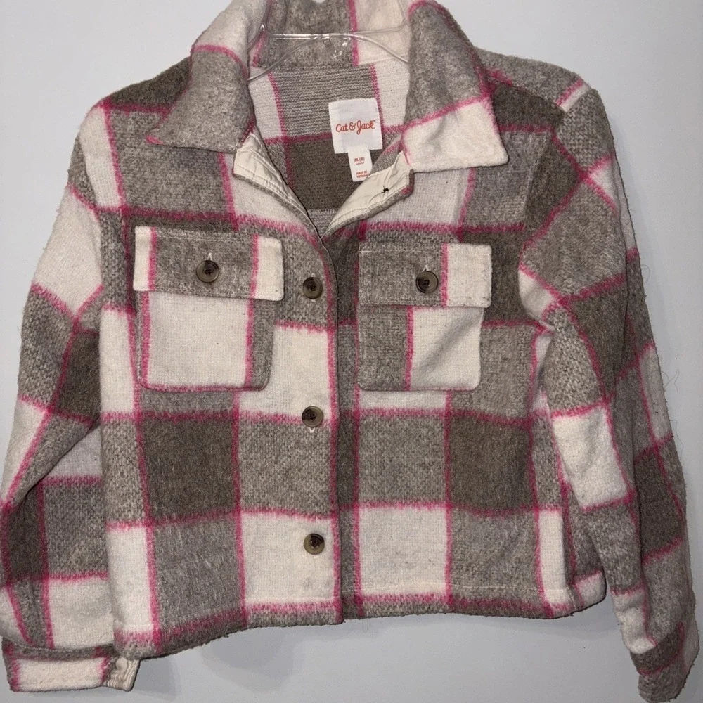 Cat & Jack Plaid Button Down Shirt Jacket for Girls Medium 8 Brown Pink White